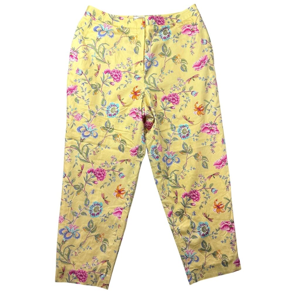 Talbots Pants Women's 12 Petite Yellow Floral Dragonfly Pockets Cottagecore VTG
